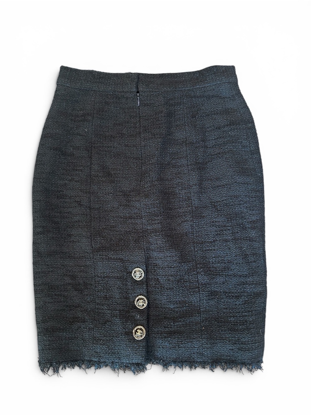 CHANEL Vintage 80s Dark Navy Tweed Pencil Skirt with Signature Buttons